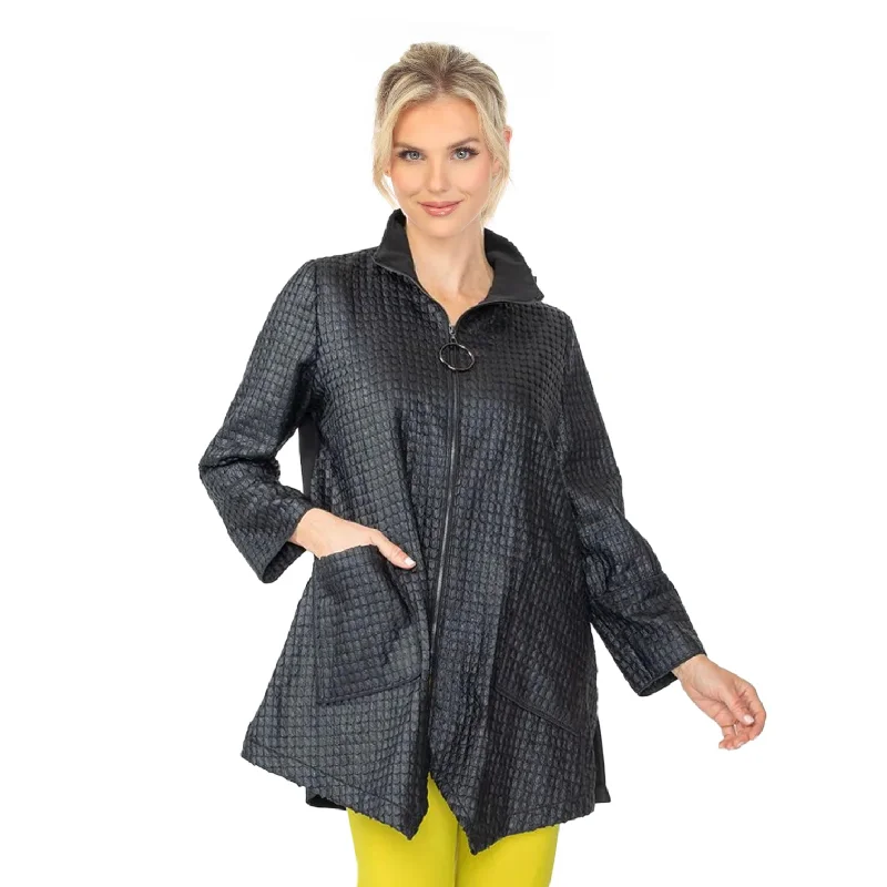 IC Collection Geo-Jacquard Asymmetric Pocket Jacket in Black - 6751J-BLK