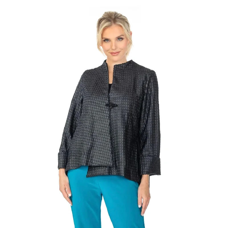 IC Collection Geometric Jacquard Asymmetric Jacket in Black - 6738J-BLK