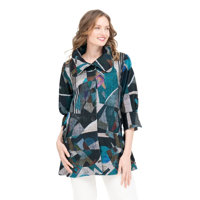 Damee Abstract Herringbone Swing Coat in Teal - 4903-TL