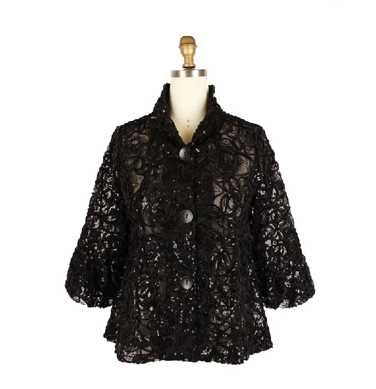 Damee Floral Chenille & Sequin Peplum Jacket in Black - 2411-BLK