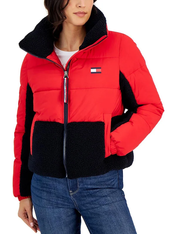 Womens Faux Fur Trim Colorblock Puffer Jacket