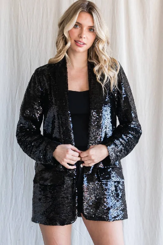 Sequin Shawl Lapel Blazer - Black