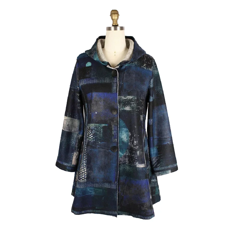 Damee Abstract Design Hooded Flannel Coat in Blue/Multi - 4904-BLU