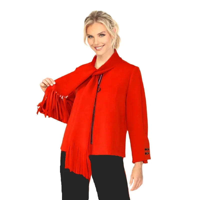 IC Collection Fringed Scarf Zip Front Jacket in Red - 6929J-RD