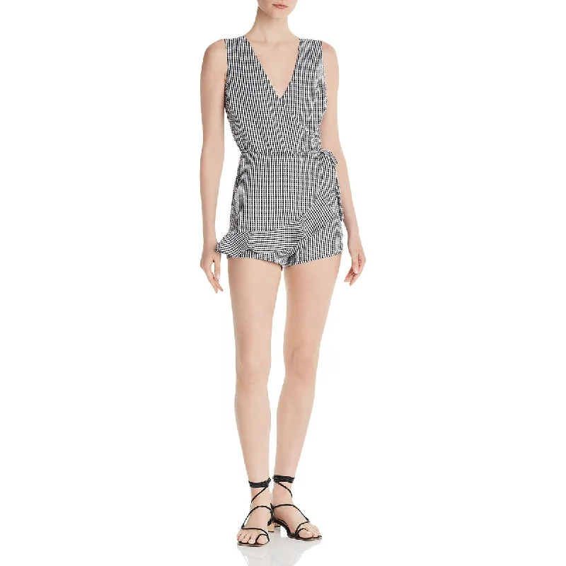 Womens Faux-Wrap Check Print Romper