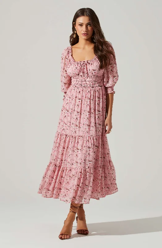 Floral Smocked Waist Tiered Midi Dress