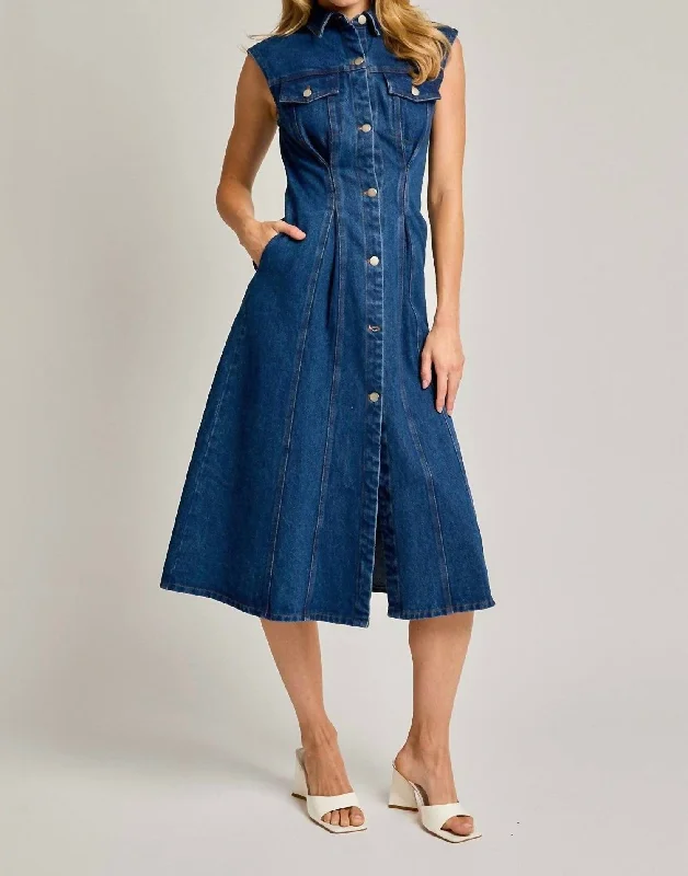 Ky Denim Sleeveless Midi Dress In Medium Wash