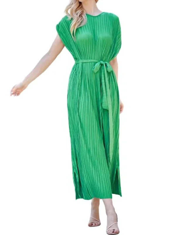 Plisse Midi Dress In Green