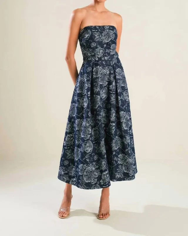 Strapless Jacquard Midi Dress In Denim