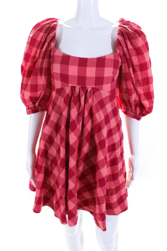 Acler Womens Plaid Short Puffy Sleeves A Line Mini Dress Pink