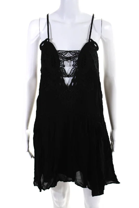 Alice McCall Womens Spaghetti Strap V Neck Embroidered Mini Dress Black