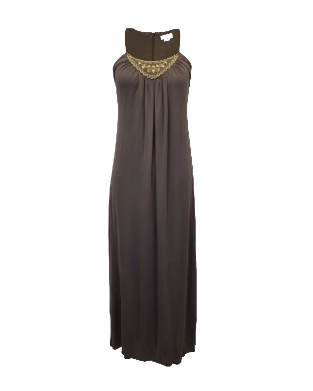 Celine Embroidered Sleeveless Maxi Dress in Grey Viscose