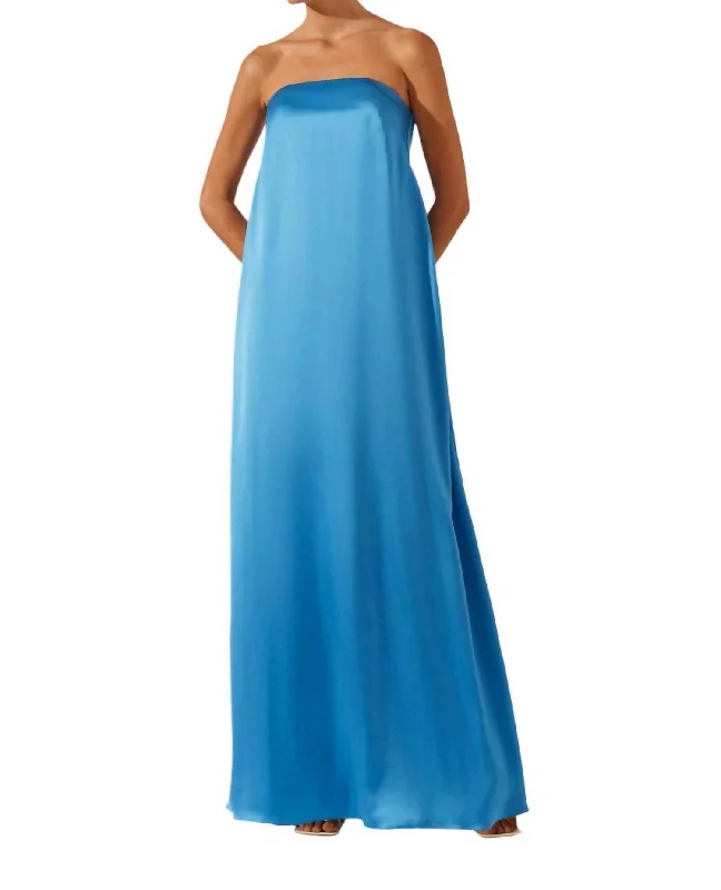 Ciel Silk Strapless Column Maxi Dress In Aqua