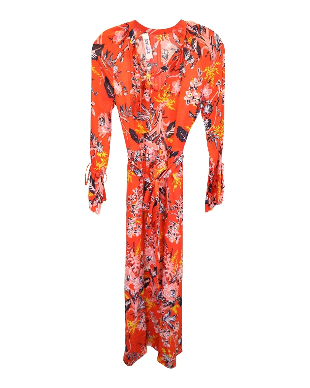 Diane Von Furstenberg Bethay Floral Printed Maxi Wrap Dress in Orange Silk