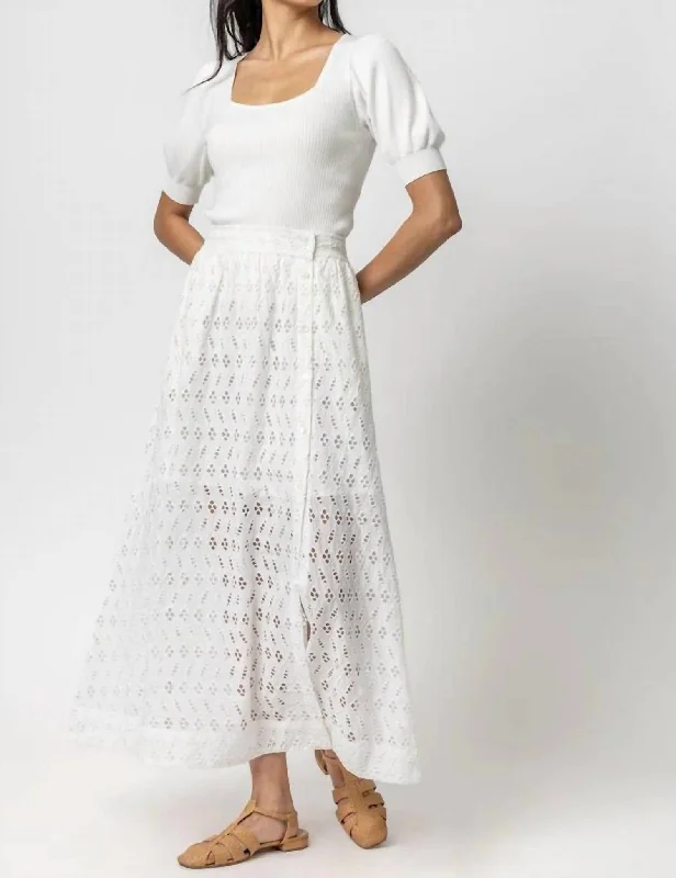 Eyelet Side Button Maxi Skirt In White