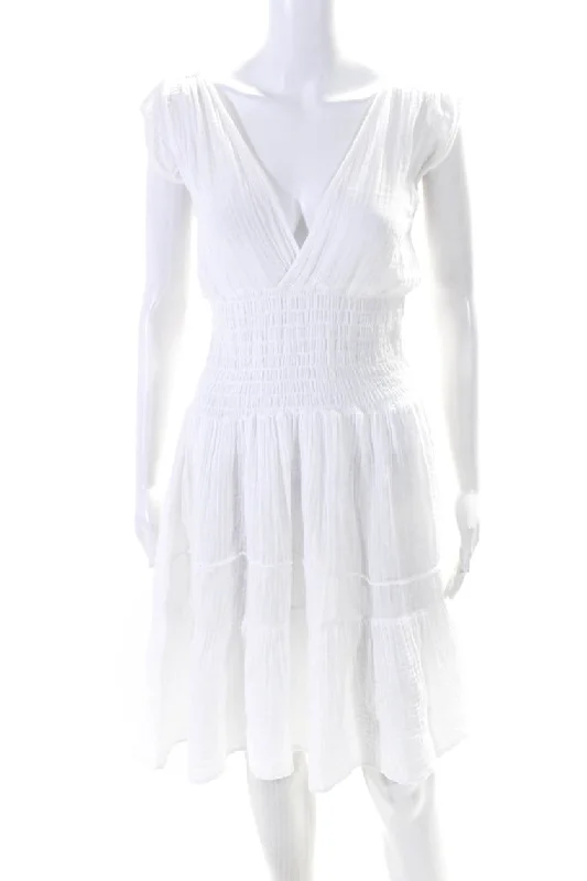 Felicite Womens V Neck Sleeveless Smocked Mini A Line Dress White