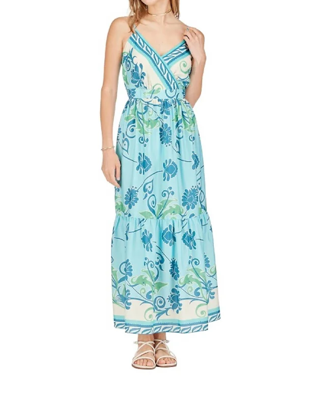 Front Wrap Tiered Maxi Dress In Blue Oasis