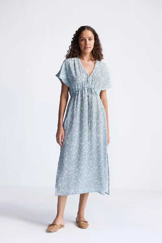 Gathered Maxi Dress in Light Blue Florals