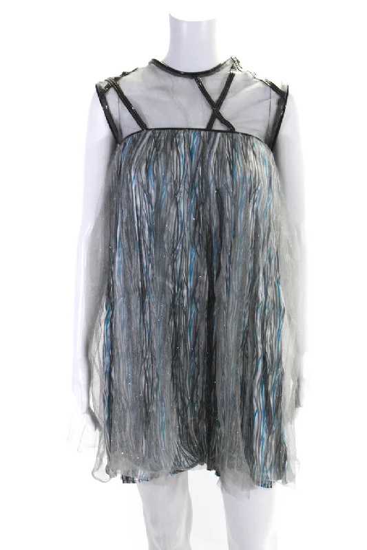 Herion Womens Patent Leather Trim Tulle Mini Babydoll Dress Blue Gray