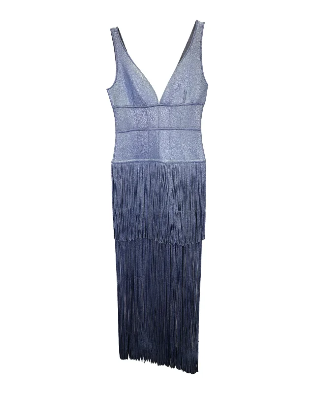 Herve Leger Abalone Fringe Bandage Maxi Dress in Blue Rayon