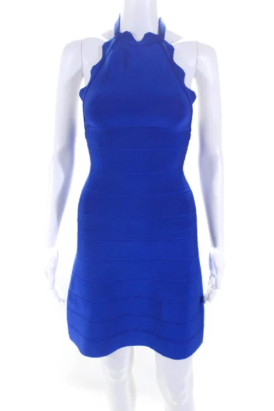 Herve Leger Womens Open Back Scalloped Halter Mini Stretch Dress Blue