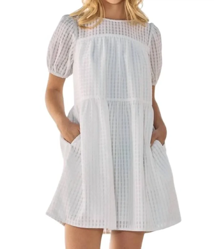 Jacquard Babydoll Gridded Mini Dress In Off White