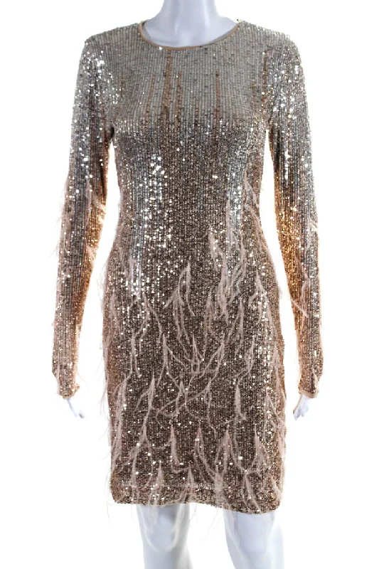 Le Superbe Womens Long Sleeve Feather Mini Sequin Dress Silver Copper