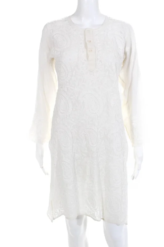 Little India Womens Long Sleeve Mini Dress Cream Embroidered