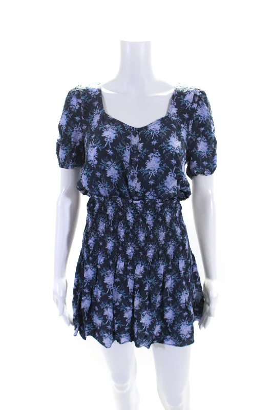 Love Shack Fancy Womens Floral Print Smocked Mini Brickell Dress Blue