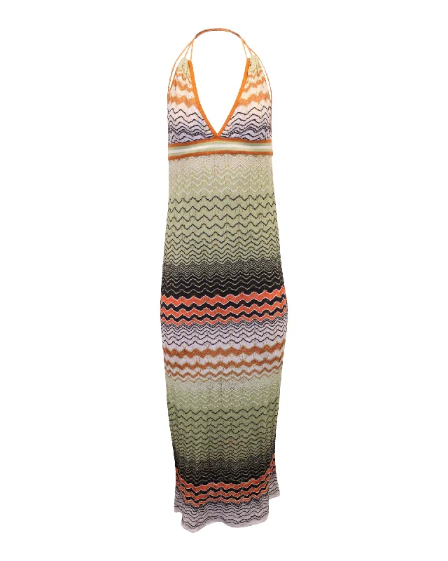 M Missoni Wave Knit Halter Neck Maxi Dress in Multicolor Cotton