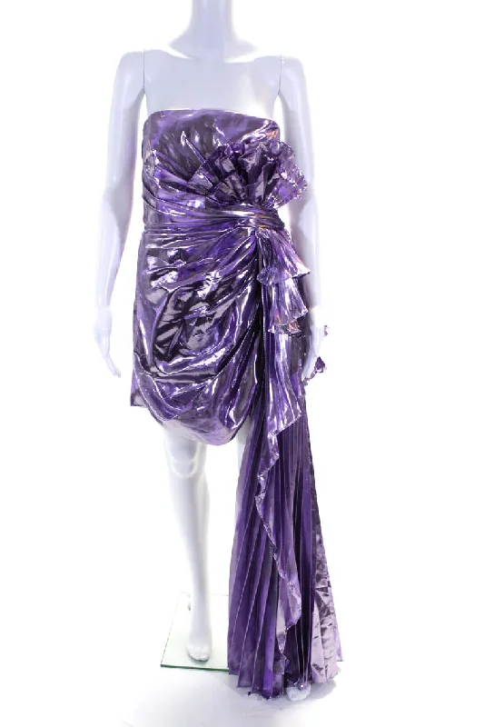 Mac Duggal Womens Metallic Pleated Train Strapless Mini Dress Purple