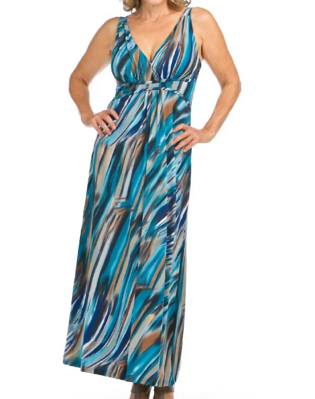 Marble Print Grecian Maxi Dress In Blue