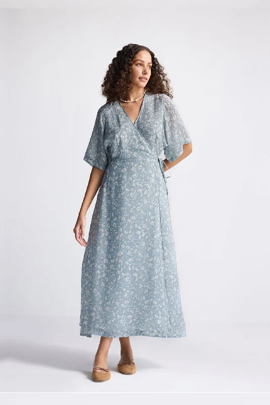 Maxi Wrap Dress in Light Blue Florals