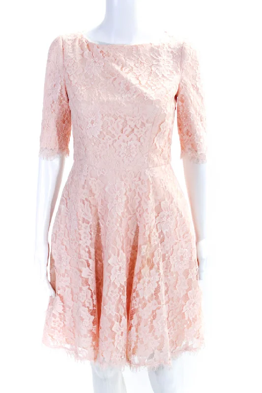 Monique Lhuillier  Women's Short Sleeves Fit Flare Lace Mini Dress Pink