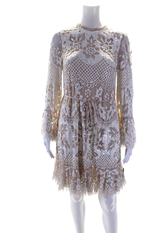 Needle & Thread Women's Round Neck Long Sleeves Sequin Mini Dress Beige