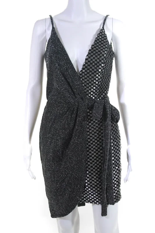 PatBO Womens Checker Draped Spaghetti Strap Mini Dress Black Silver Tone