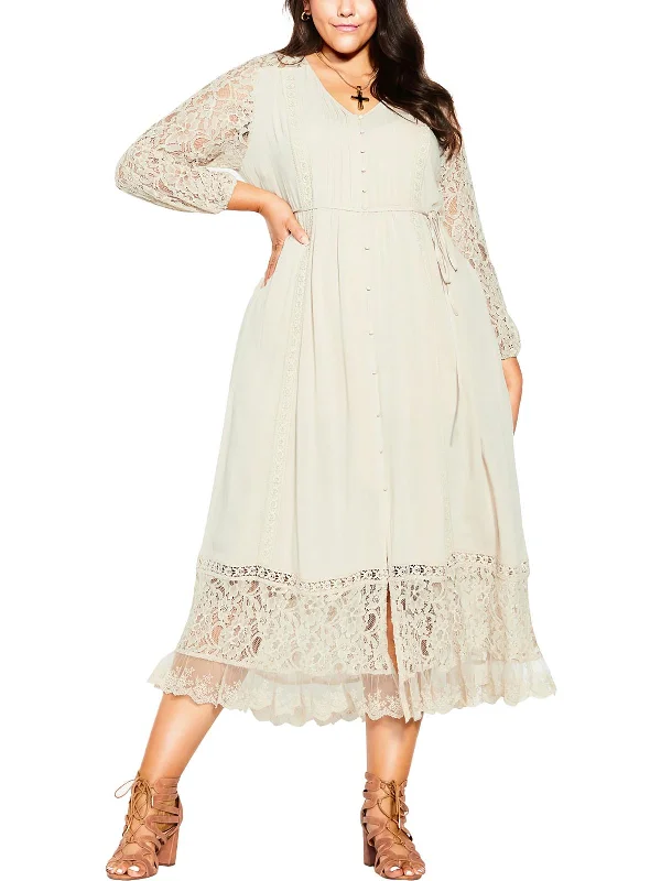 Plus Womens Lace Inset Long Sleeves Maxi Dress