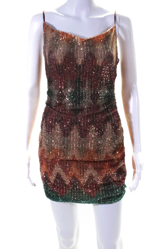 Ramy Brook Womens Nina Draped Mesh Sequin Mini Sheath Dress Red Orange