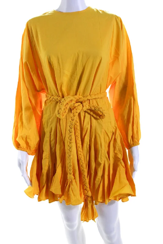 Rhode Womens Long Sleeve Crew Neck Belted Mini Swing Dress Yellow