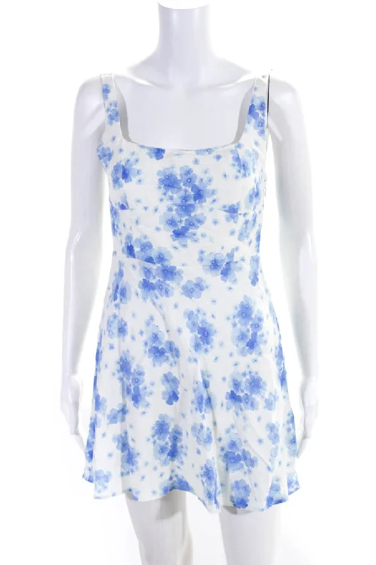 Rixo Womens Floral Print Round Neck Sleeveless Zip Up Mini Dress White