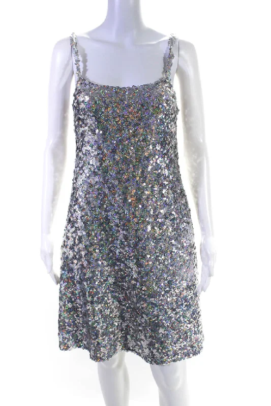 Rodarte Womens Holographic Sequin Sleeveless Mini Sheath Dress Silver