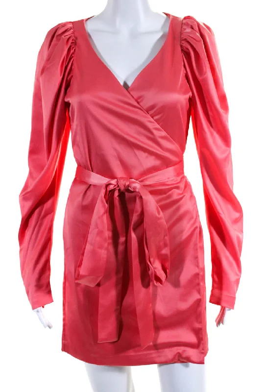 ROTATE Womens Satin Puff Sleeve V-Neck Wrap Mini Dress Pink