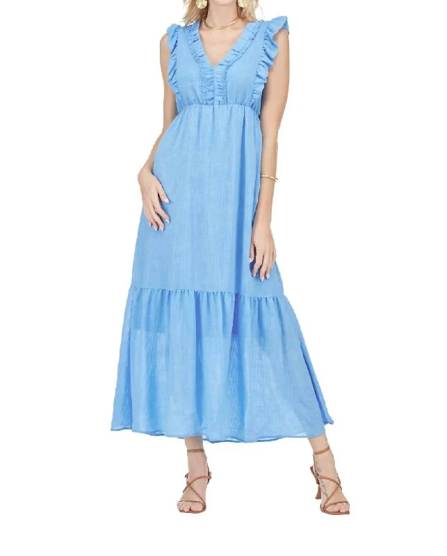 Ruched V-Neck Maxi Dress In Sky