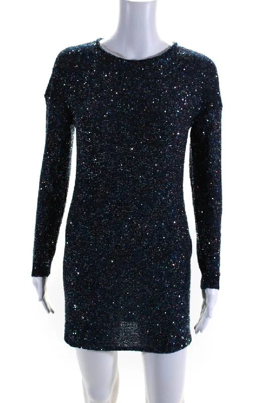 Saint Laurent Womens Blue Sequins Crew Neck Long Sleeve Mini Dress