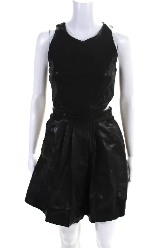 Sally LaPointe Womens Cutout Bodice Leather Mini A Line Dress Black