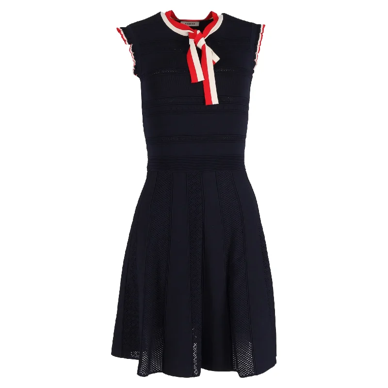 Sandro Paris Mini Fidelia Knitted Stripe Detail with Ribbon Dress in Navy Blue Viscose