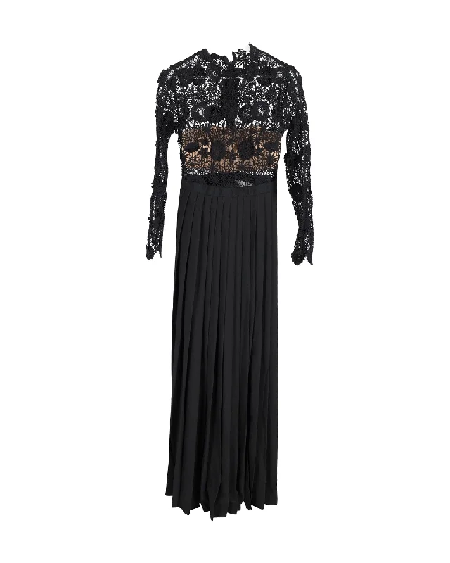 Self-Portrait Mia Lace Pleated Maxi Dress in Black Polyester