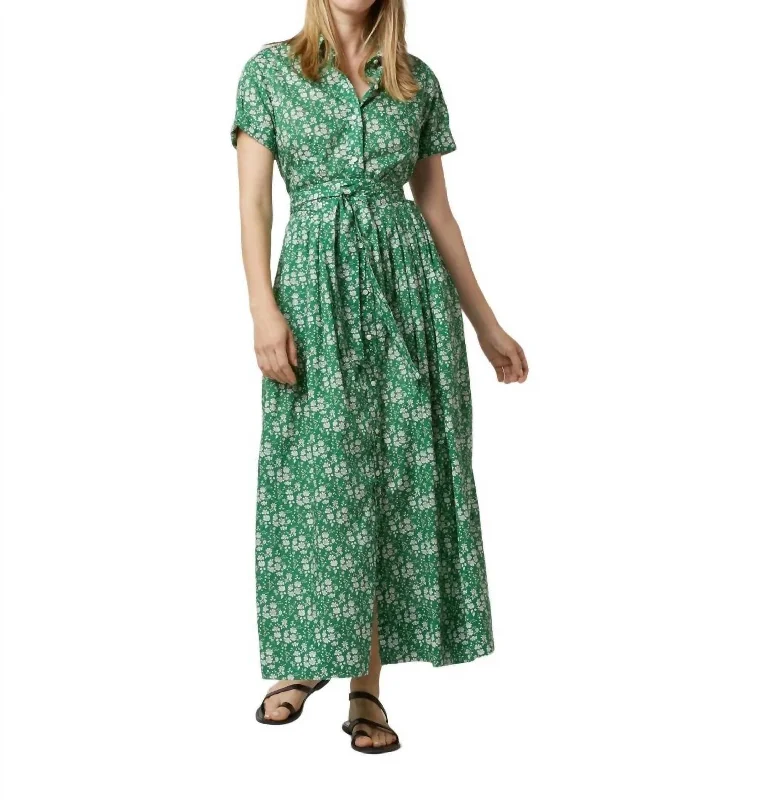 Short-Sleeved Classic Shirtwaist Maxi Dress In Green Capel Liberty Fabric