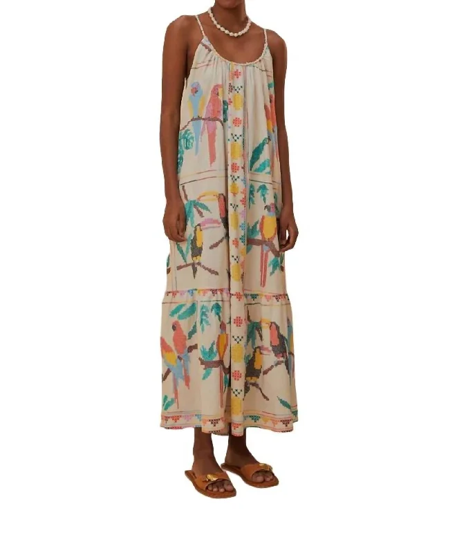 Stitched Birds Scarf Maxi Dress In Off-White