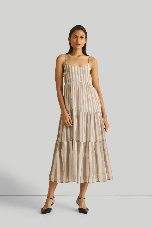 Strappy Tiered Maxi Dress in Beige Stripes